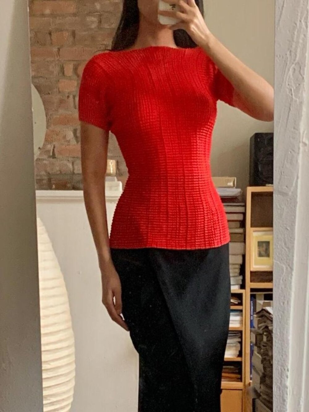 Issey Miyake Wooly Pleats Short Sleeve Top Red M